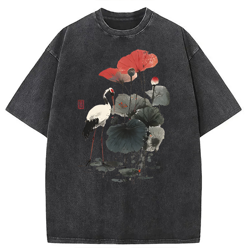 Modecanvas White Crane Among Lotus DTG Printing Washed T-Shirt