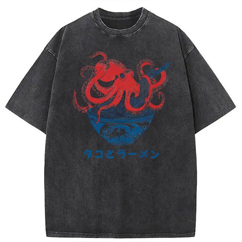 Modecanvas Octopus Eating Ramen DTG Printing Washed T-Shirt