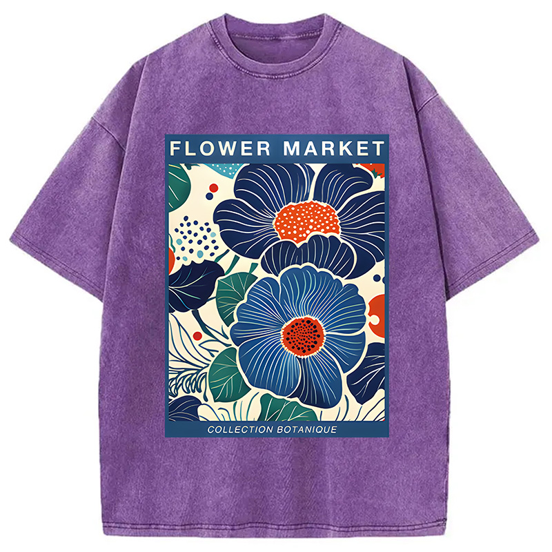 Modecanvas Blue Flowers Botanical Art DTG Printing Washed T-Shirt