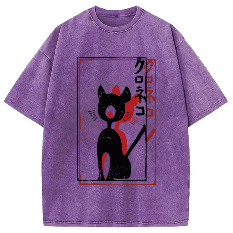 Modecanvas Japanese Retro Black Cat Poster DTG Printing Washed T-Shirt