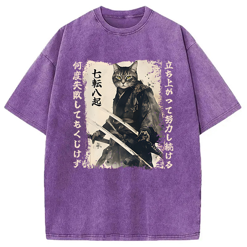 Modecanvas Samurai Japanese Cat DTG Printing Washed T-Shirt