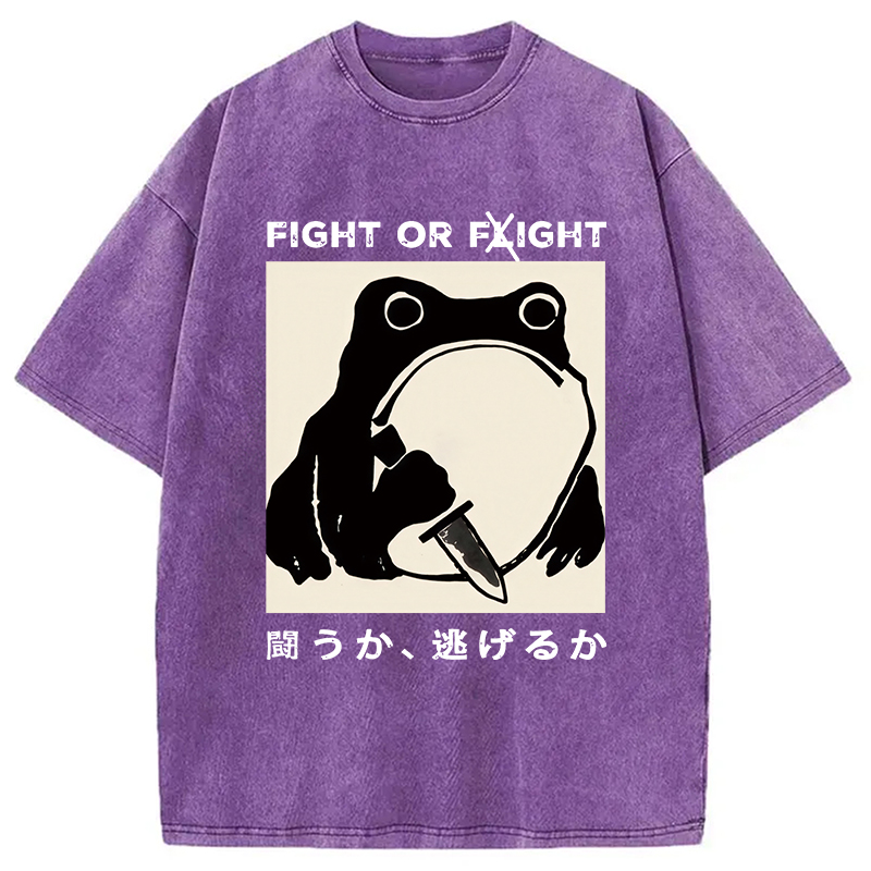 Modecanvas Fight Or Flight Funny Frog Japanese Washed T-Shirt