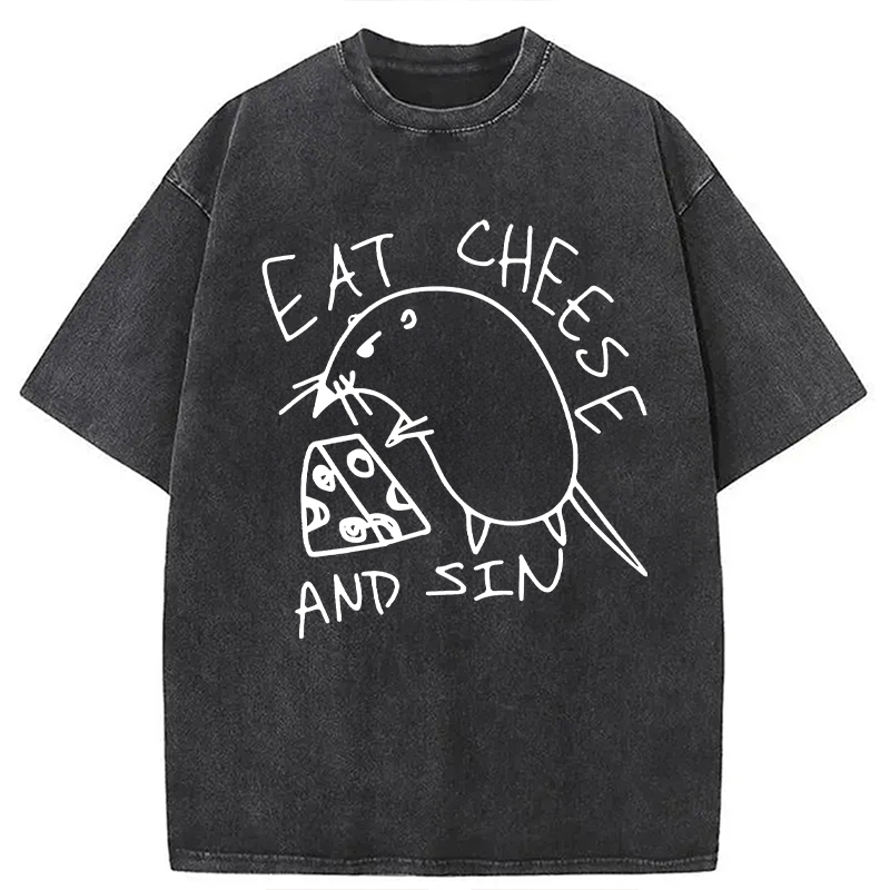 Modecanvas Eat Cheese And Sin Meme Washed T-Shirt-modecanvas