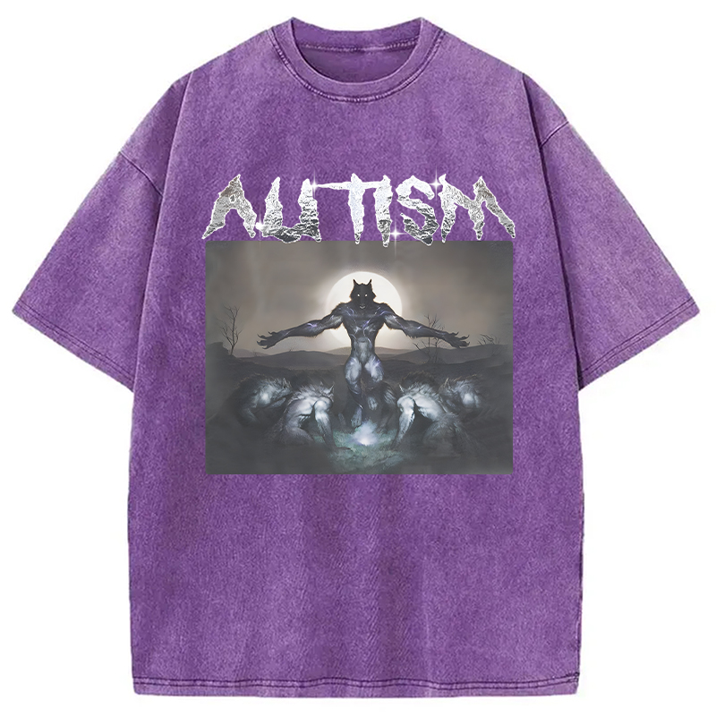 Modecanvas Funny Autism Wolf DTG Printing Washed T-Shirt