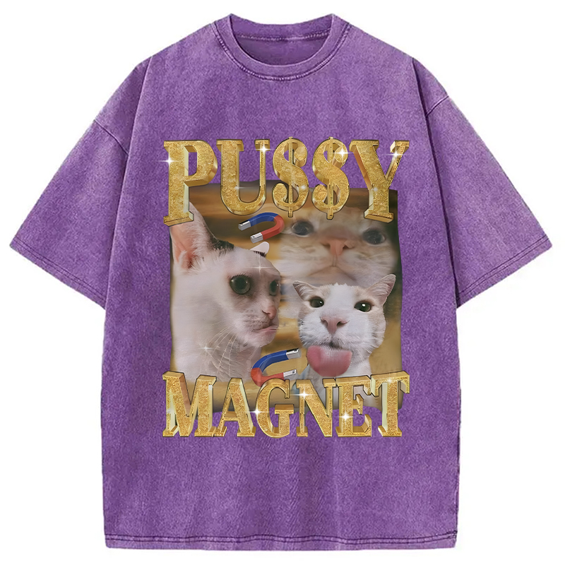 Modecanvas Ironic PUSSY MAGNET Cat Meme DTG Printing Washed T-Shirt