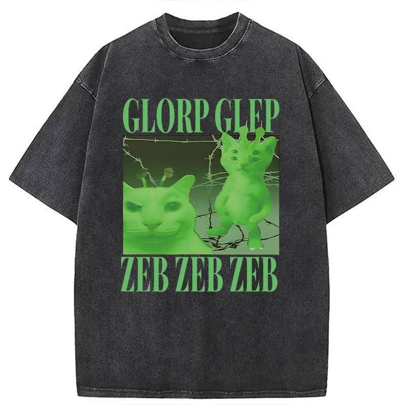 Modecanvas Green Alien Cat Meme DTG Printing Washed T-Shirt