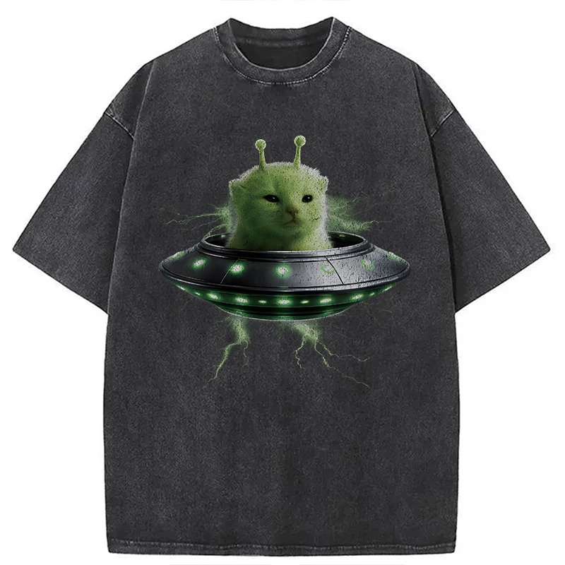 Modecanvas UFO Alien Cat DTG Printing Washed T-Shirt
