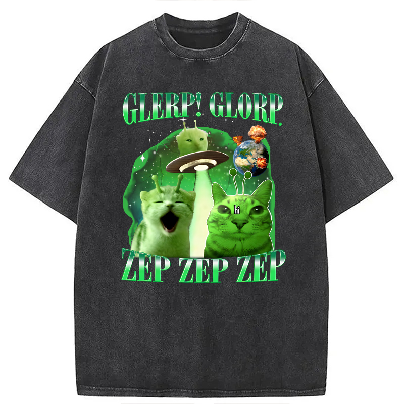 Modecanvas Funny Space Cat DTG Printing Washed T-Shirt