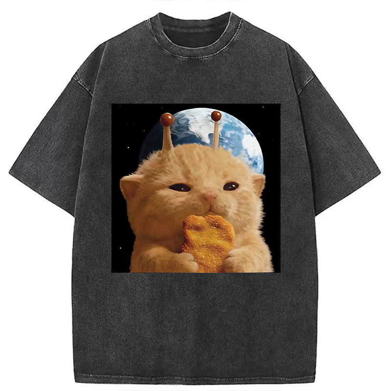 Modecanvas Space Chicken Nugget Alien Cat DTG Printing Washed T-Shirt