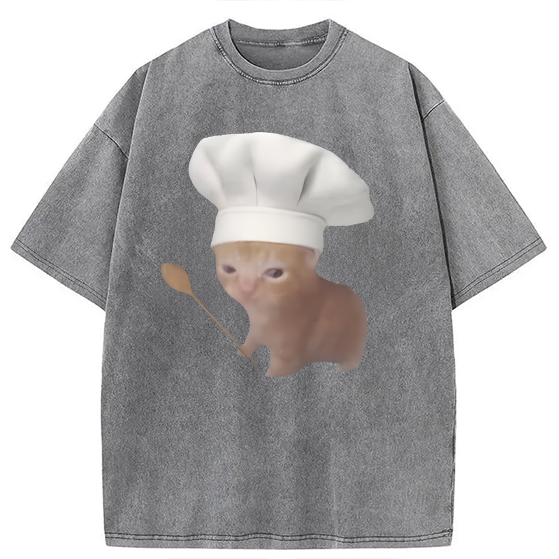 Modecanvas Funny Culinary Kitty Meme DTG Printing Washed T-Shirt