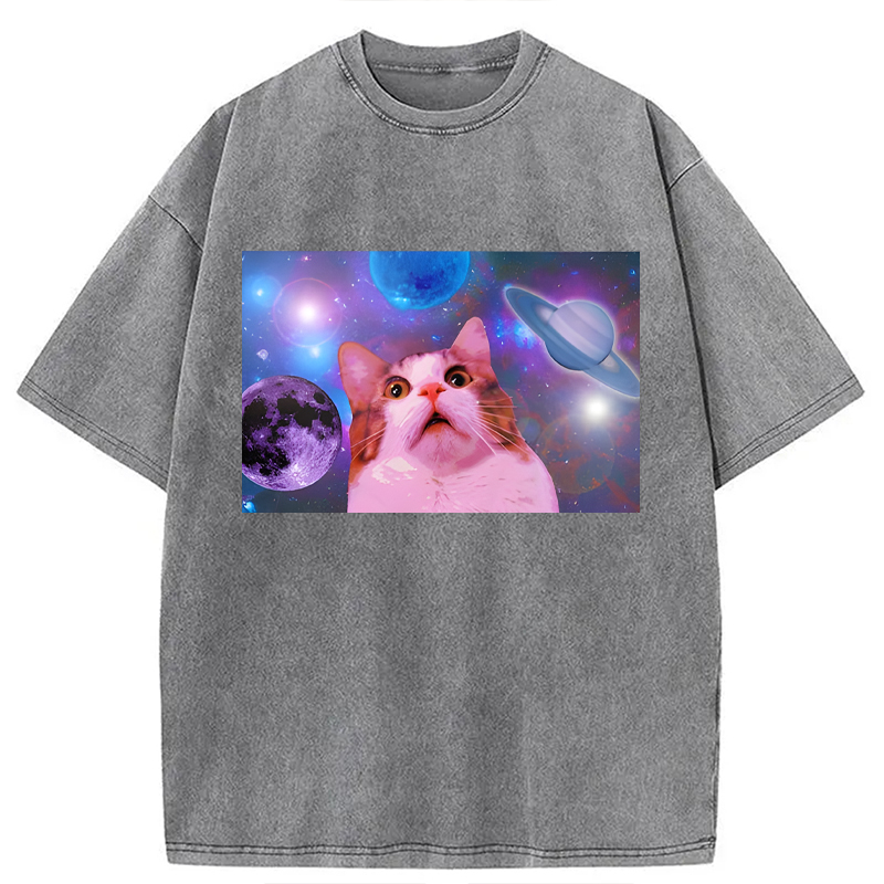Modecanvas Funny Cat In Space DTG Printing Washed T-Shirt