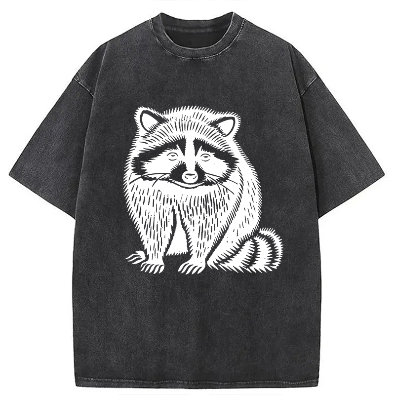 Modecanvas Vintage Minimalist Raccoon DTG Printing Washed T-Shirt