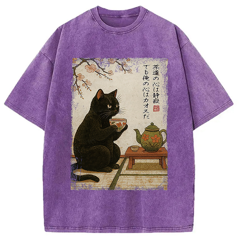 Modecanvas Tea Time With A Black Cat Washed T-Shirt-modecanvas