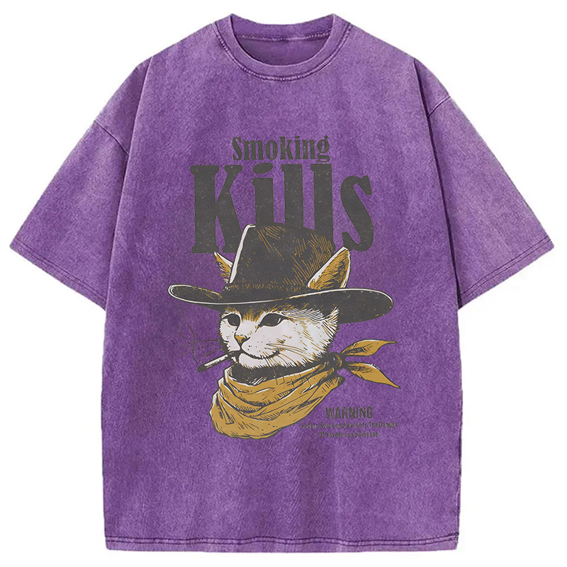 Modecanvas Funny Anti Smoking Cat DTG Printing Washed T-Shirt