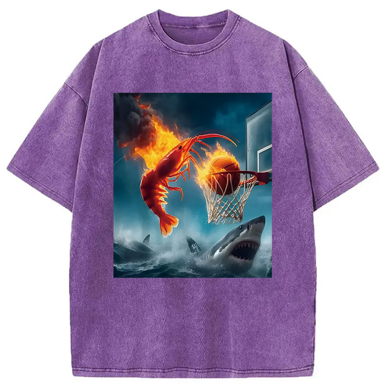 Modecanvas Shrimp Dunking on Shark Funny DTG Printing Washed T-Shirt