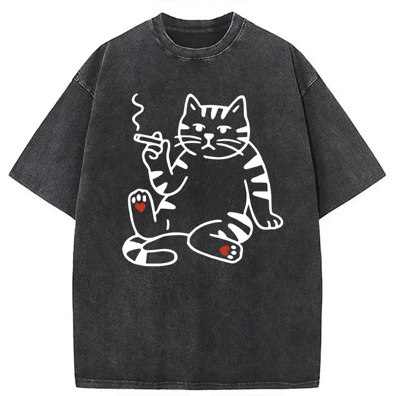 Modecanvas Funny Smoking Cat Meme DTG Printing Washed T-Shirt