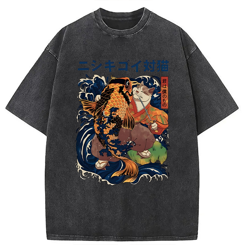 Modecanvas Harajuku Samurai Cat Koi Fish DTG Printing Washed T-Shirt