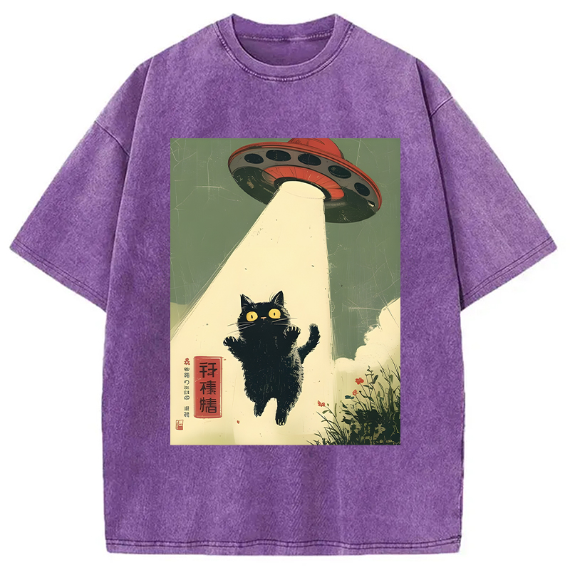 Modecanvas Vintage Japanese Alien Cat DTG Printing Washed T-Shirt