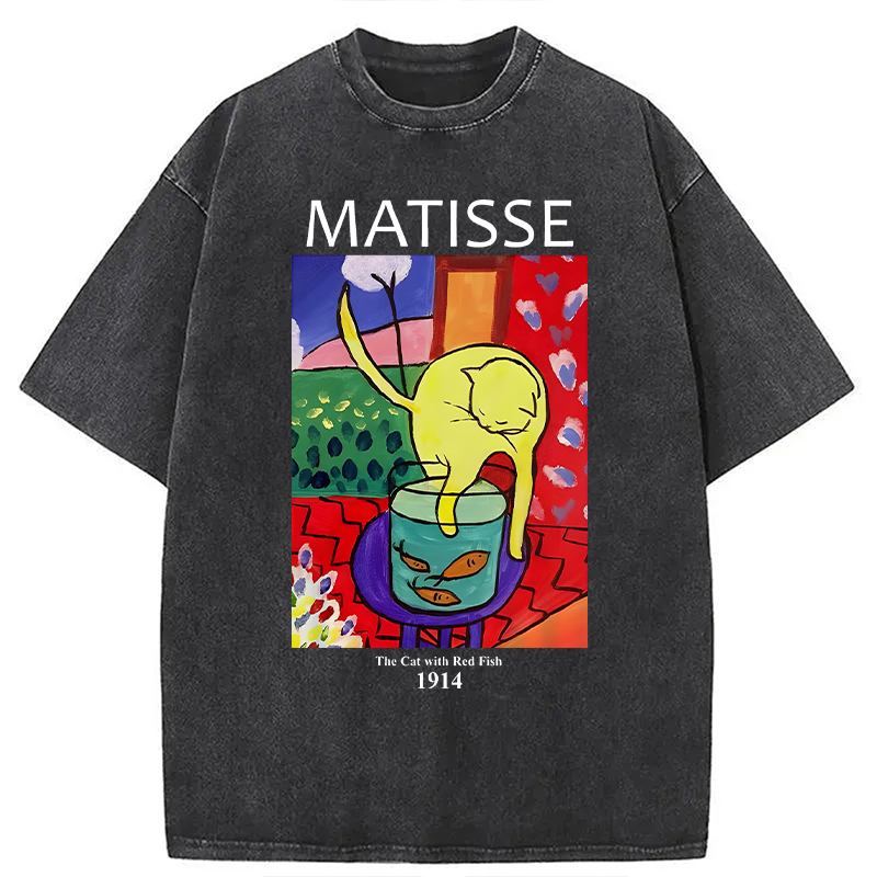 Modecanvas The Cat with Red Fish DTG Printing Washed T-Shirt