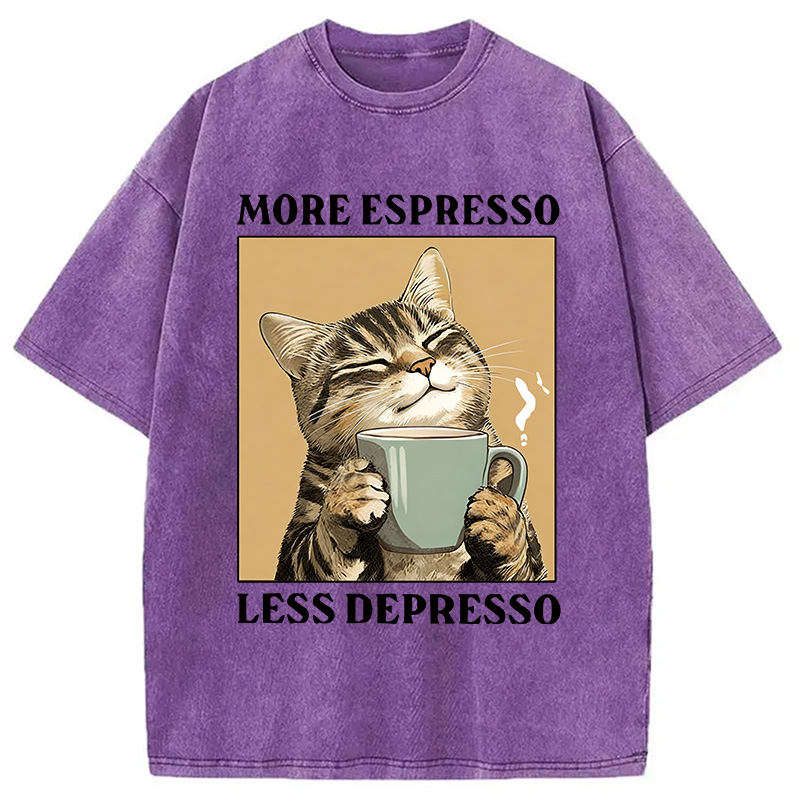 Modecanvas Cute Cat Drinking Coffee DTG Printing Washed T-Shirt