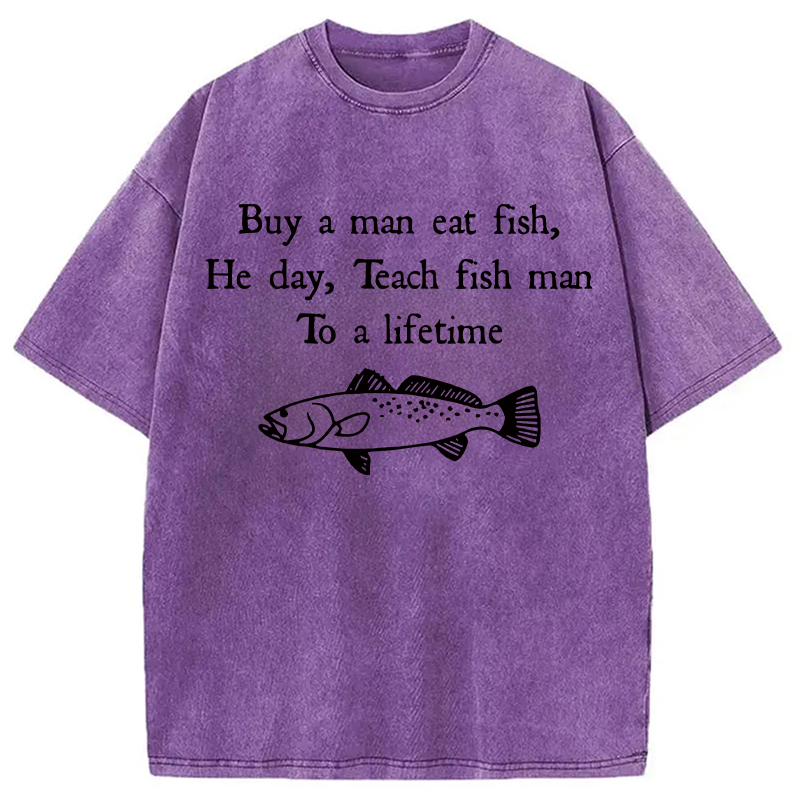 Modecanvas Man Eat Fish Meme DTG Printing Washed T-Shirt