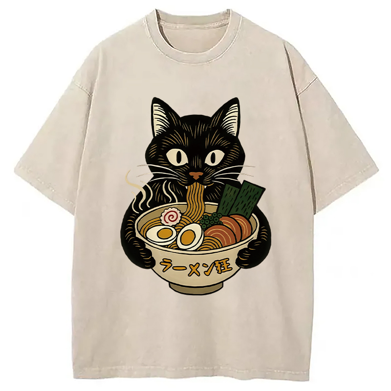 Modecanvas Cat Ramen Fanatic Washed T-Shirt