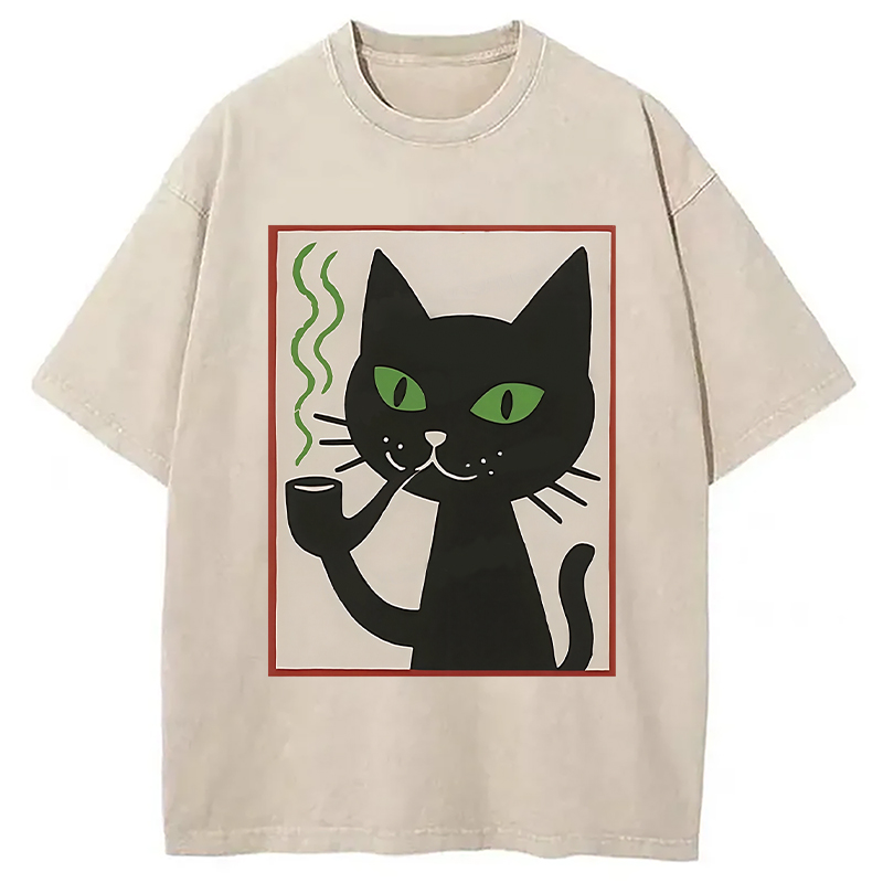 Modecanvas Black Cat Smoking Washed T-Shirt