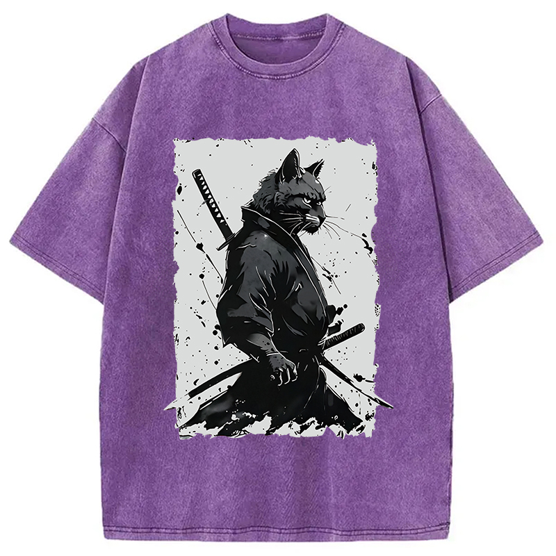 Modecanvas Handsome Samurai Cat Washed T-Shirt