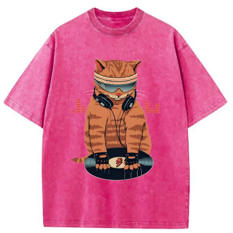 Modecanvas Funny Cat DJ Washed T-Shirt