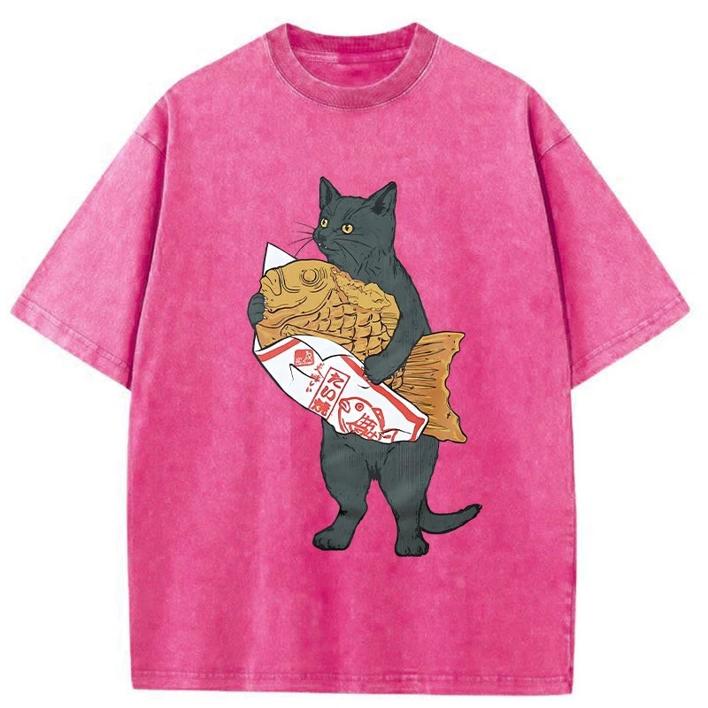 Modecanvas Cat Holding Taiyaki Washed T-Shirt