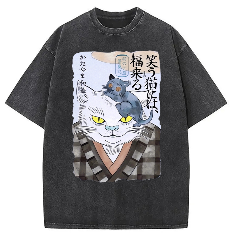 Modecanvas Japanese Vintage Cat DTG Printing Washed T-Shirt