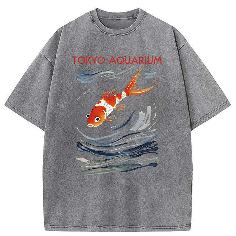 Modecanvas Tokyo Aquarium Koi Fish DTG Printing Washed T-Shirt