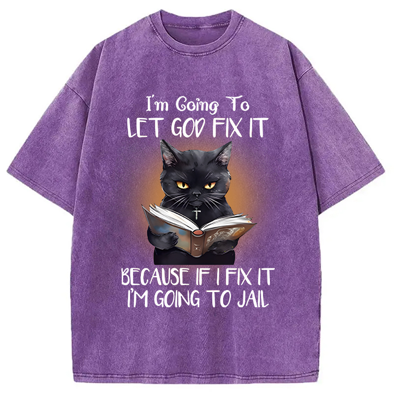 Modecanvas Funny Sarcastic Black Cat DTG Printing Washed T-Shirt