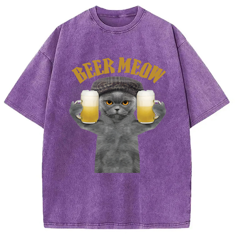 Modecanvas Funny Cat Drinking Or Serving Beer DTG Printing Washed T-Shirt