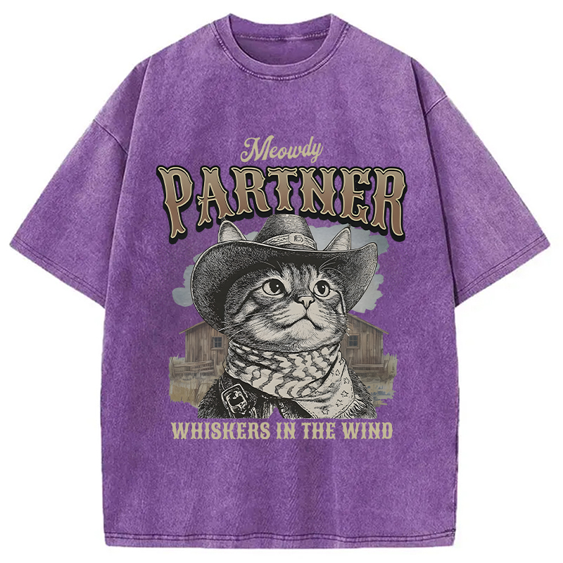 Modecanvas Meowdy Partner Cowboy Cat DTG Printing Washed T-Shirt