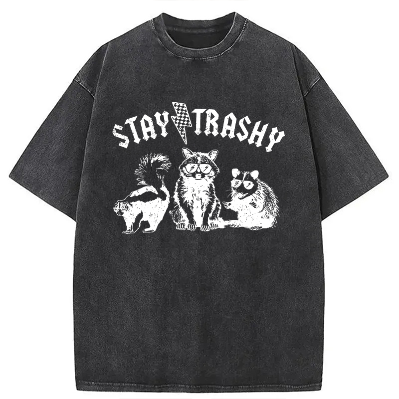 Modecanvas Stay Trashy Funny Raccoon DTG Printing Washed T-Shirt