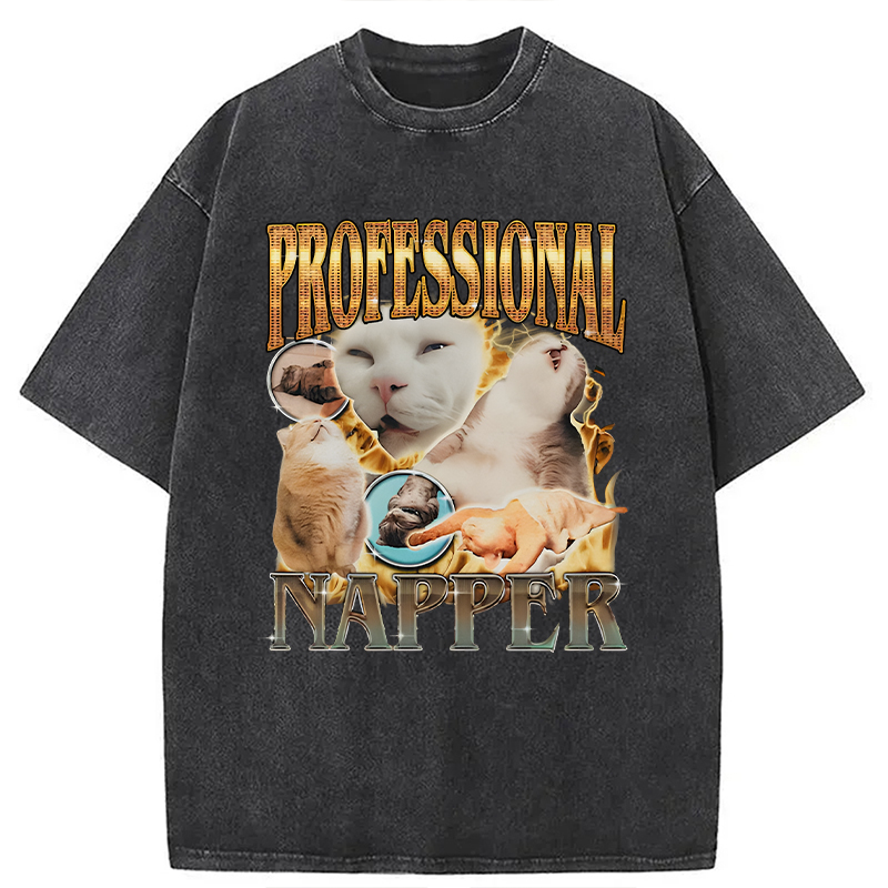 Modecanvas Professional Napper Funny Cat DTG Printing Washed T-Shirt