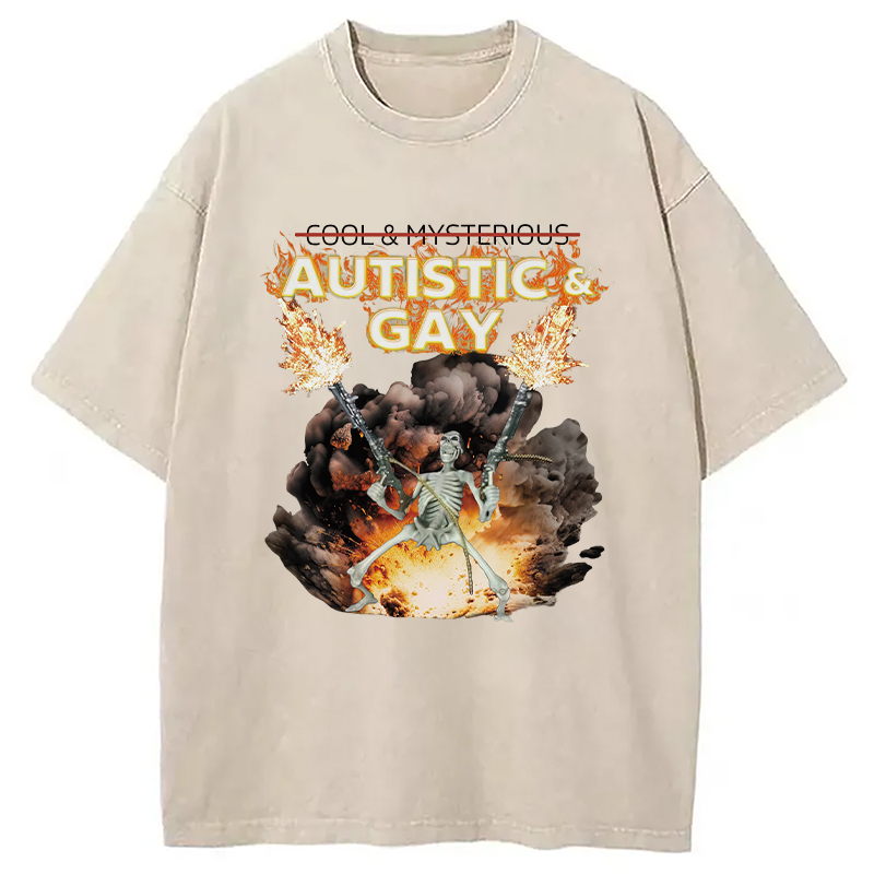 Modecanvas Autistic and Gay Skeleton Explosion DTG Printing Washed T-Shirt-modecanvas