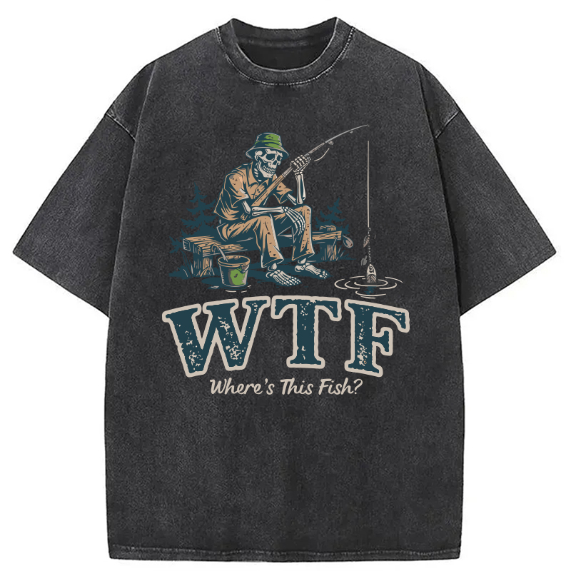 Modecanvas Funny WTF Where Is The Fish DTG Printing Washed T-Shirt
