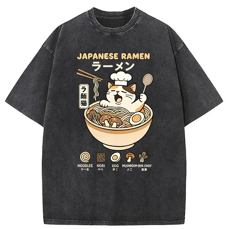 Modecanvas Ramen Cat DTG Printing Washed T-Shirt