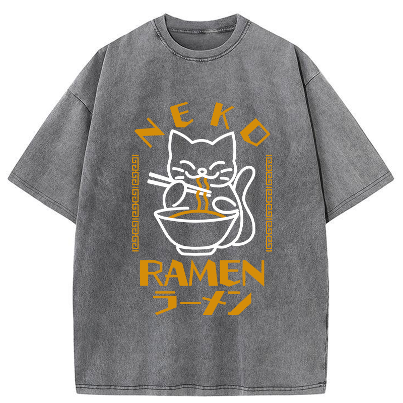 Modecanvas Cat Obsessed With Ramen Washed T-Shirt-modecanvas