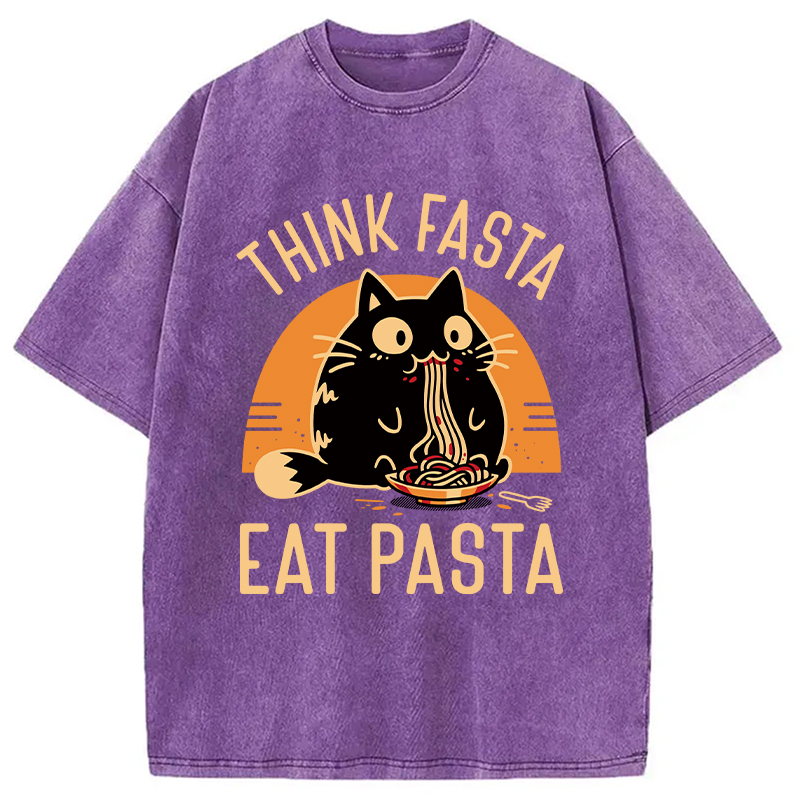 Modecanvas Think Fast Eat Pasta Funny Cat DTG Printing Washed T-Shirt