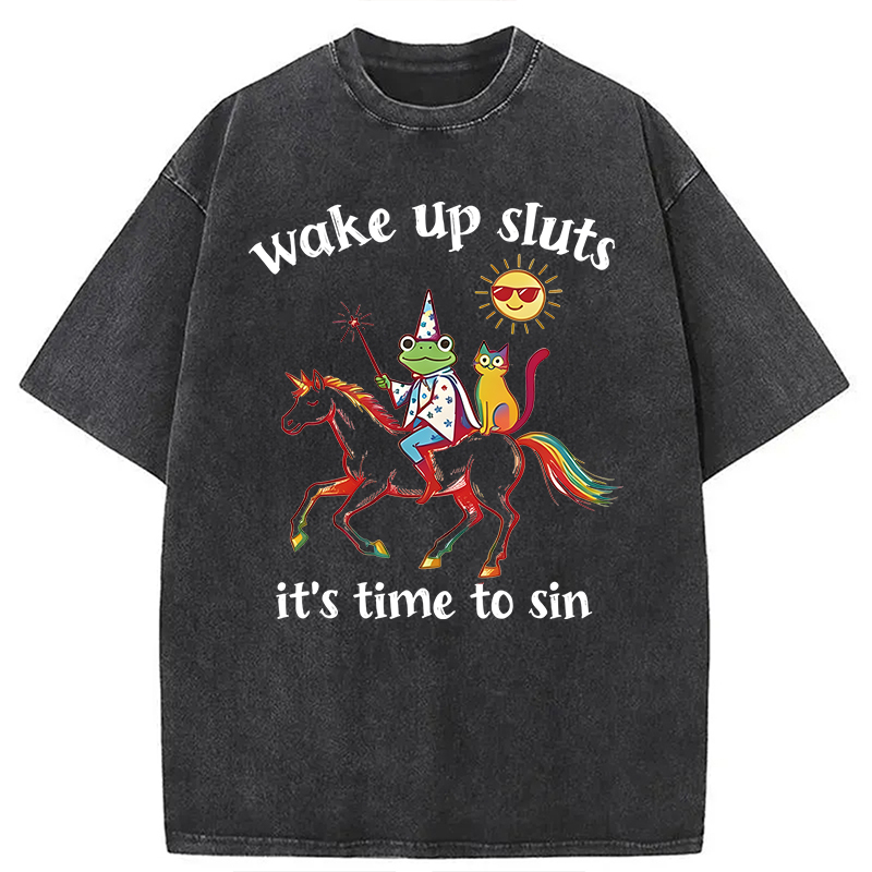 Modecanvas Wake Up Sluts Funny Frog DTG Printing Washed T-Shirt