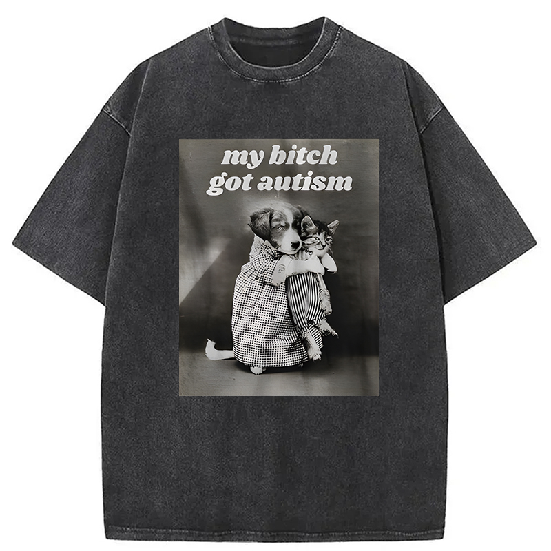Modecanvas My B!tch Got Autism Funny Dog Holding Cat Meme DTG Printing Washed T-Shirt