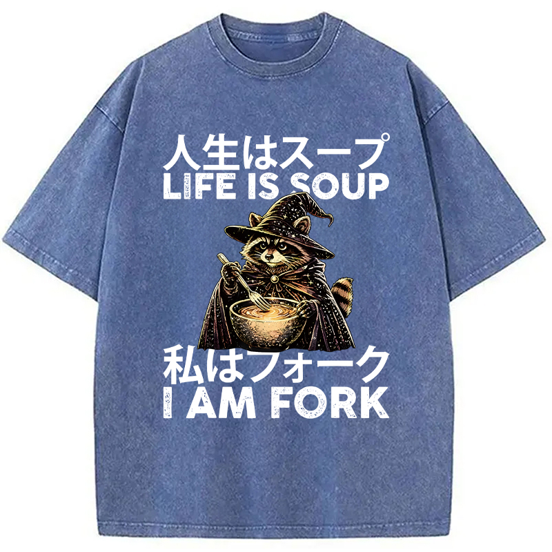 Modecanvas Life is Soup I Am Fork Funny Raccoon Wizard Meme DTG Printing Washed T-Shirt