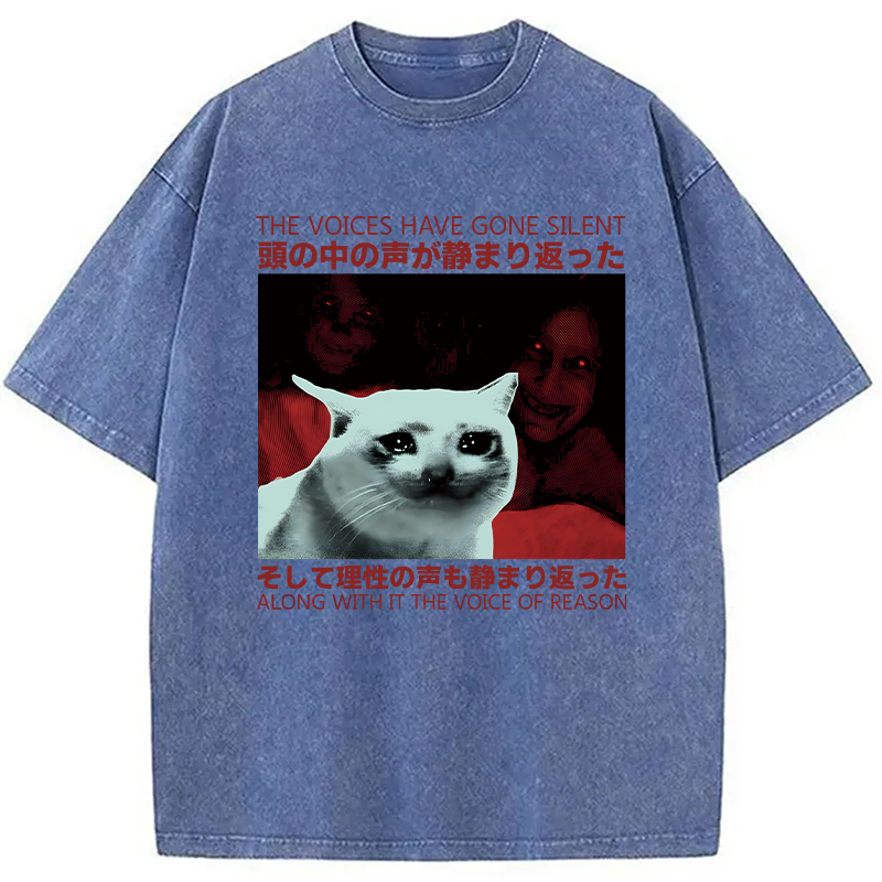 Modecanvas Silent Cat Funny Vintage Japanese DTG Printing Washed T-Shirt