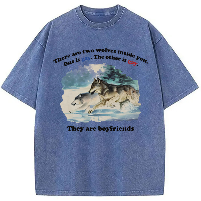 Modecanvas Two Wolves Gay Meme DTG Printing Washed T-Shirt