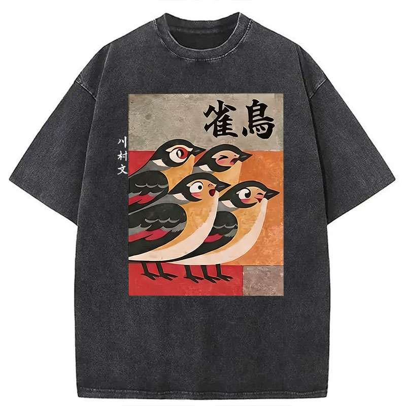 Modecanvas Cute Sparrows DTG Printing Washed T-Shirt