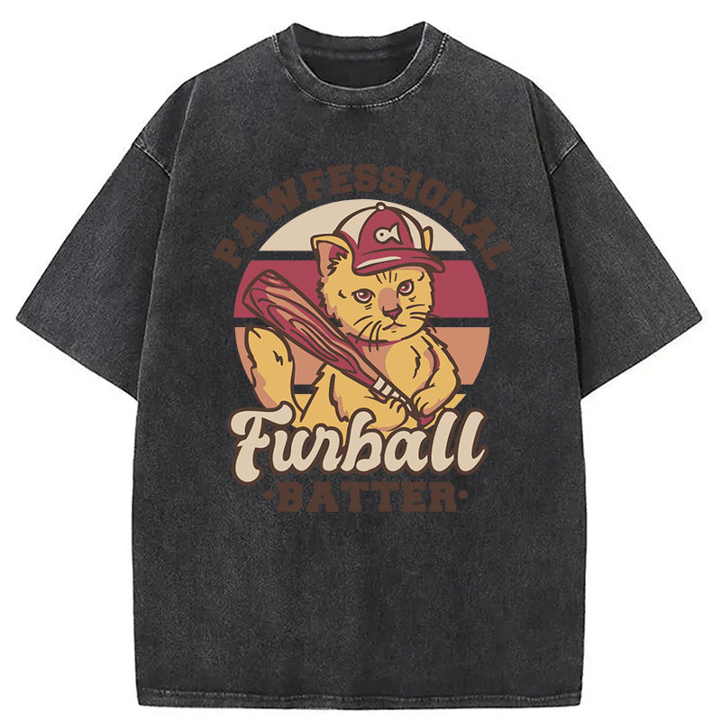 Modecanvas Furball Batter Funny Cat DTG Printing Washed T-Shirt