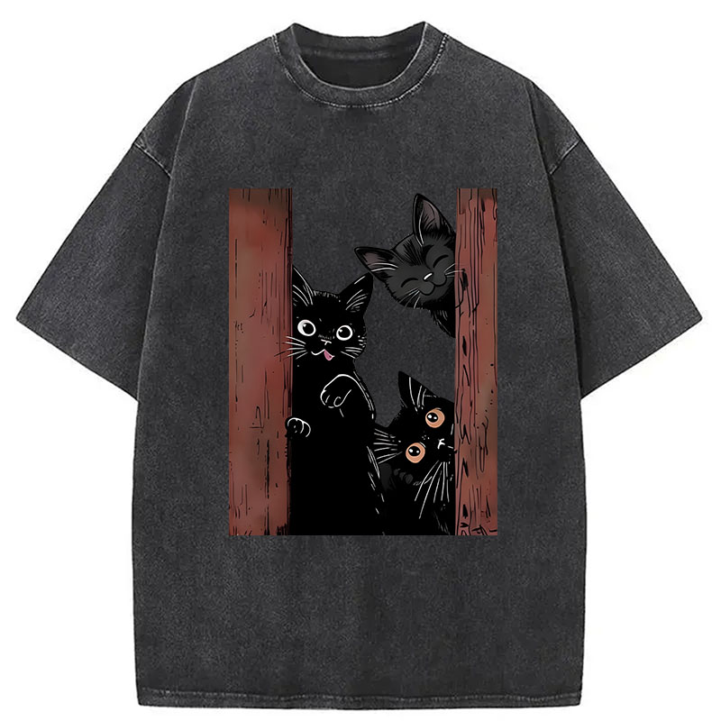 Modecanvas Funny Cats Spying On You DTG Printing Washed T-Shirt